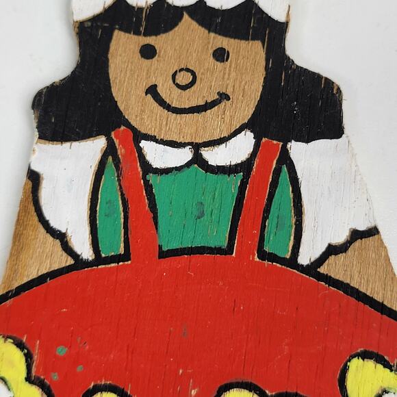 VINTAGE Wooden Girl Christmas Ornament 4" Red Hand Painted Flat Double Side 70s - Picture 2 of 12